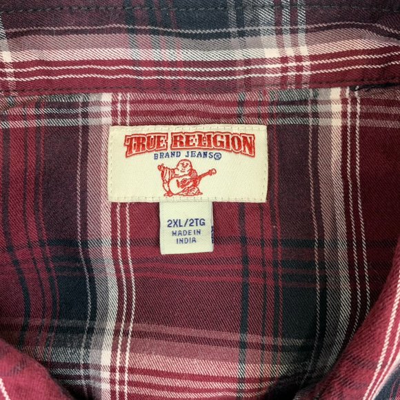 True Religion Men Shirt 2XL Red Plaid Western Snap Button Up Long Sleeve Pockets - Picture 2 of 10